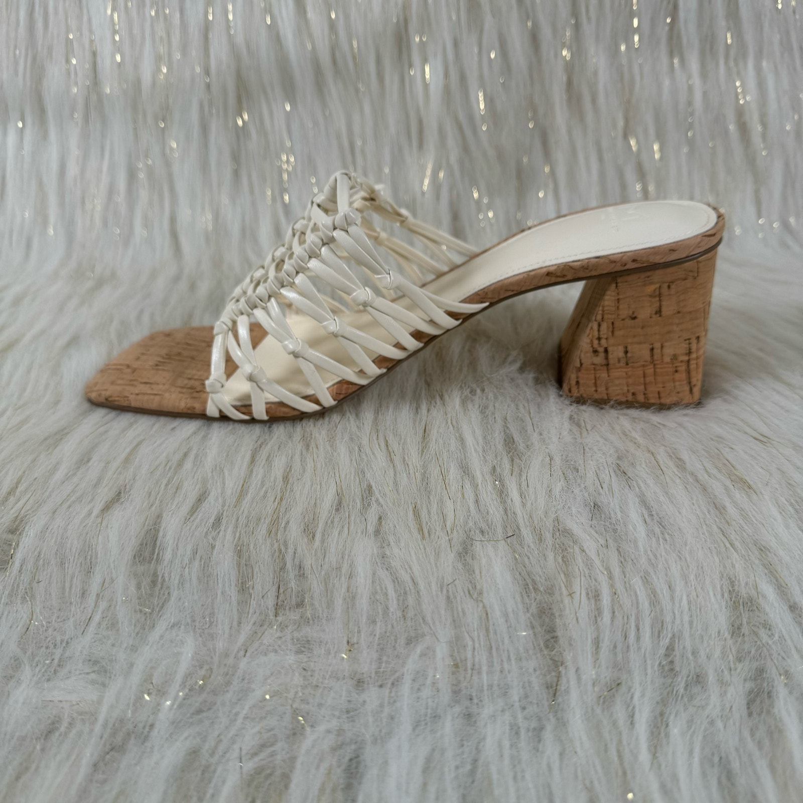 Marc Fisher Colica Block Heel Sandals Ivory Woven Mules Slip On Summer Size 10m